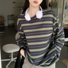 Korean Fashion Women’s Loose Striped Blouse Long Sleeve Crew Neck Streetwear
