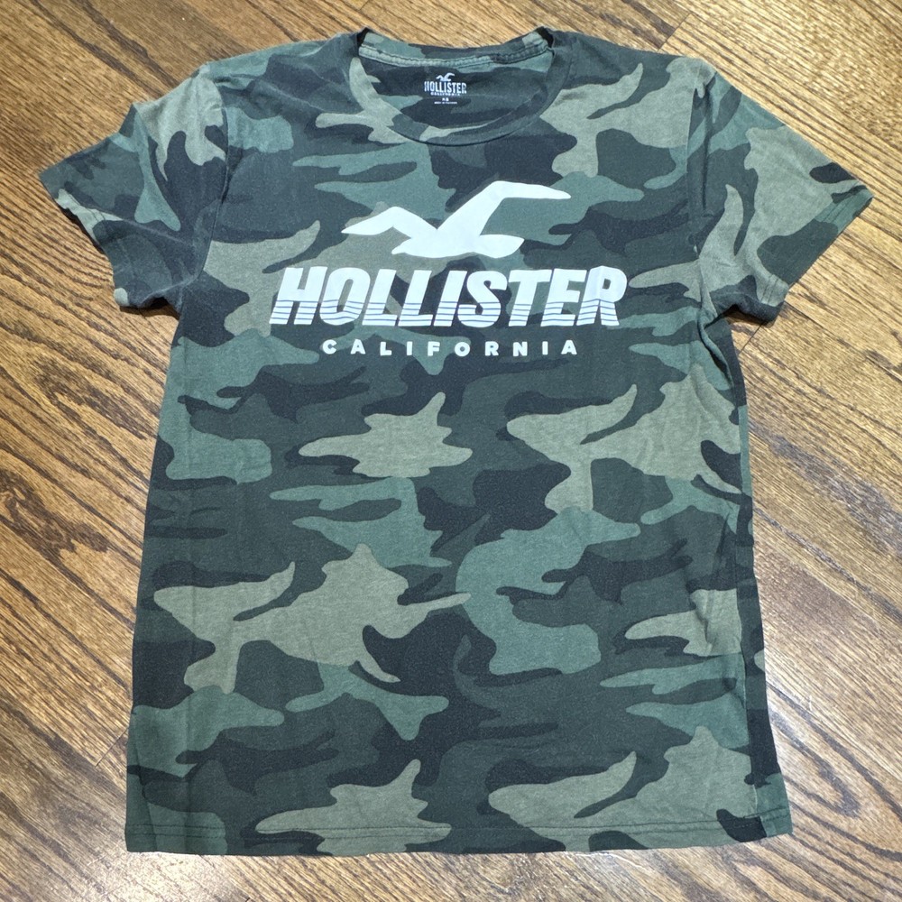 Hollister California Camo Logo T-Shirt Crew Neck Short Sleeve Mens XS Green