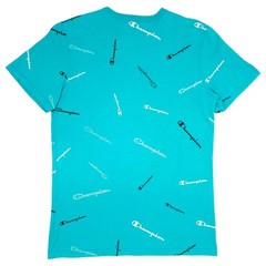 Champion Shirt Mens Medium Blue All Over Print Logo Graphic Tee T-Shirt Cotton