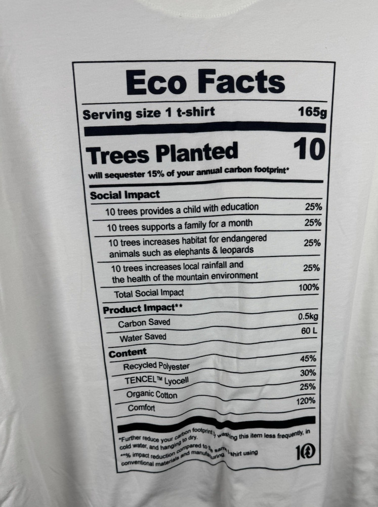 TenTree ORGANIC Cotton Tencel Eco Facts T-shirt Unisex Sustainable Trees Planted