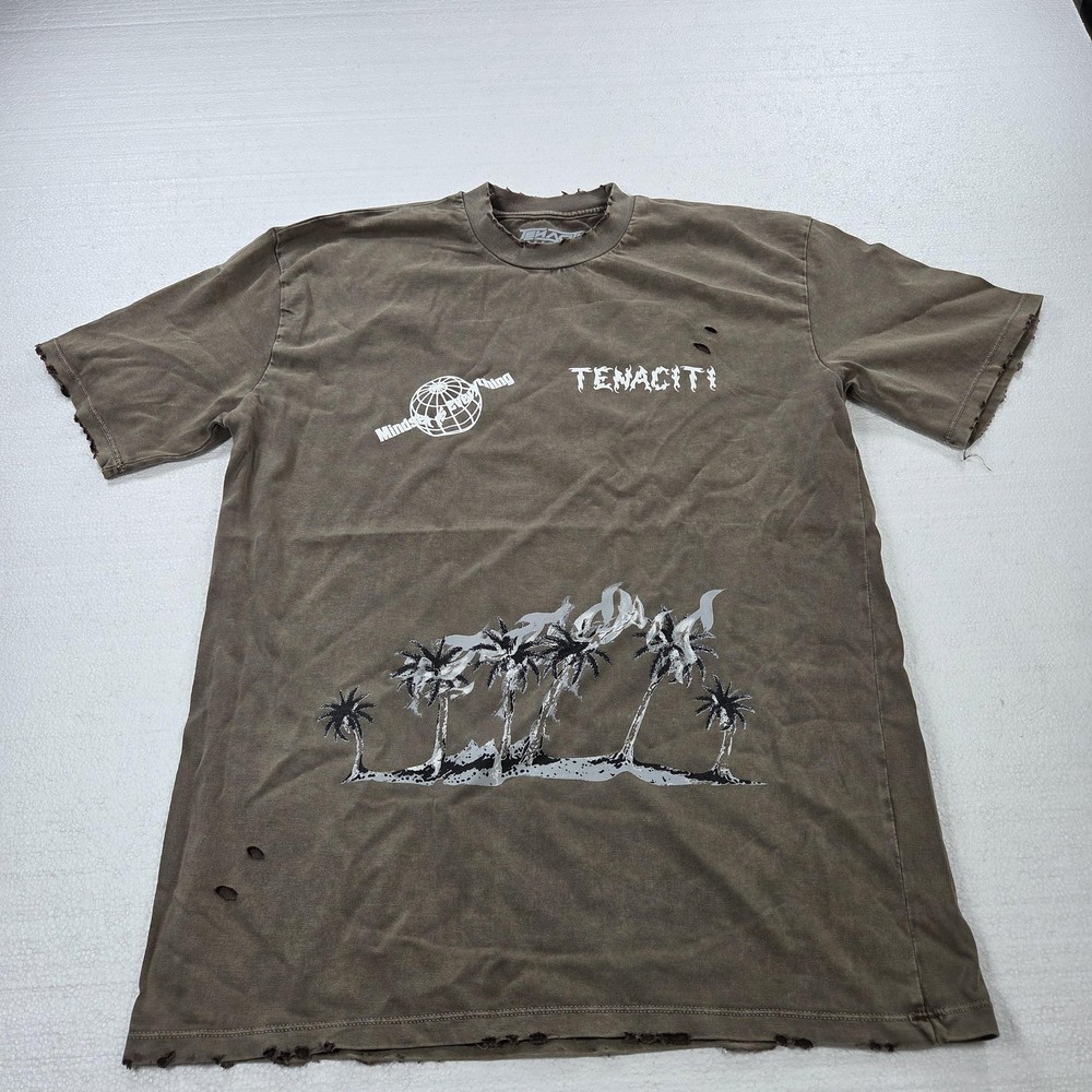 TENACI Tuffbreed Shirt Mens Small Brown Distressed Graphic Palm Trees Made USA