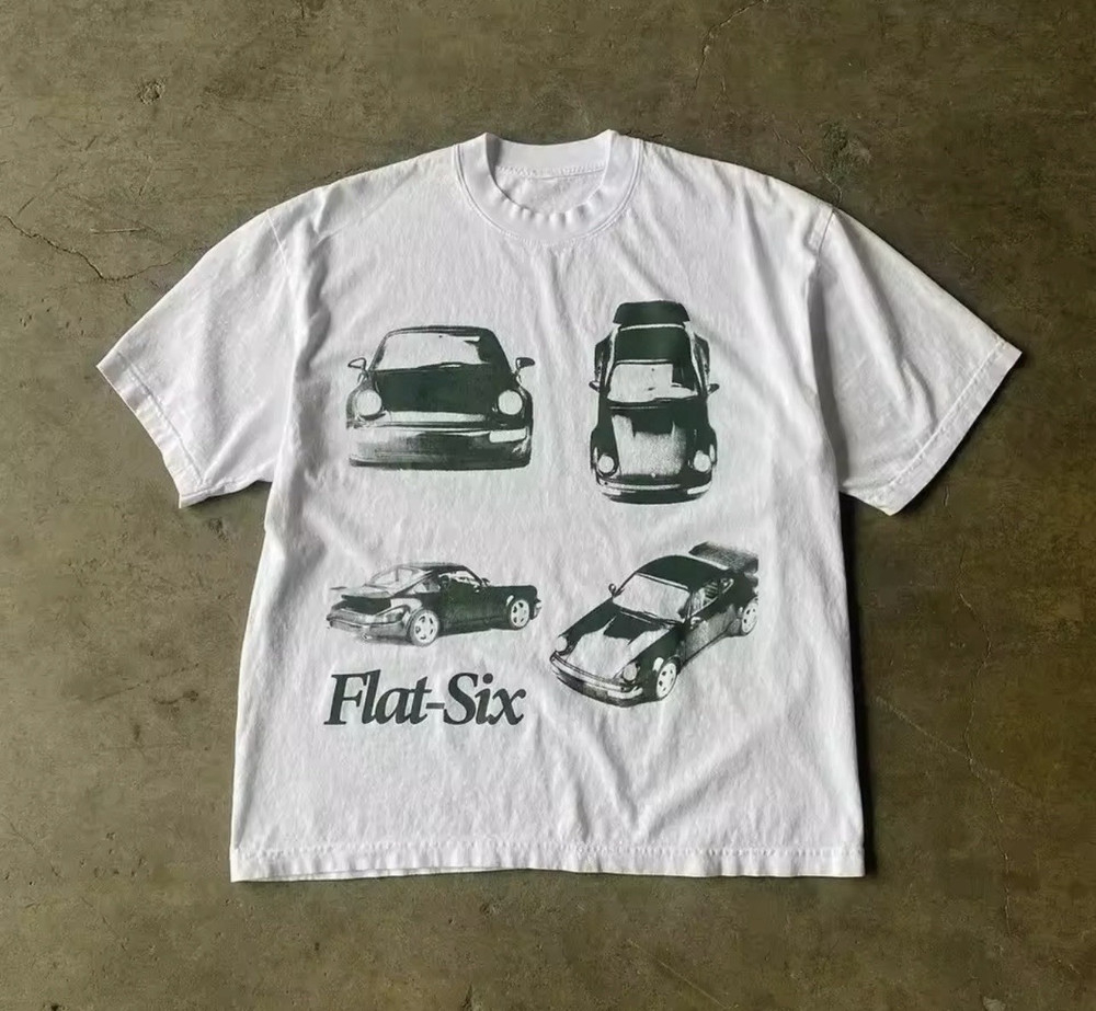Flat-Six Car Graphic TEE Cotton T-Shirt White Short Sleeve Men’s Size s-4XL