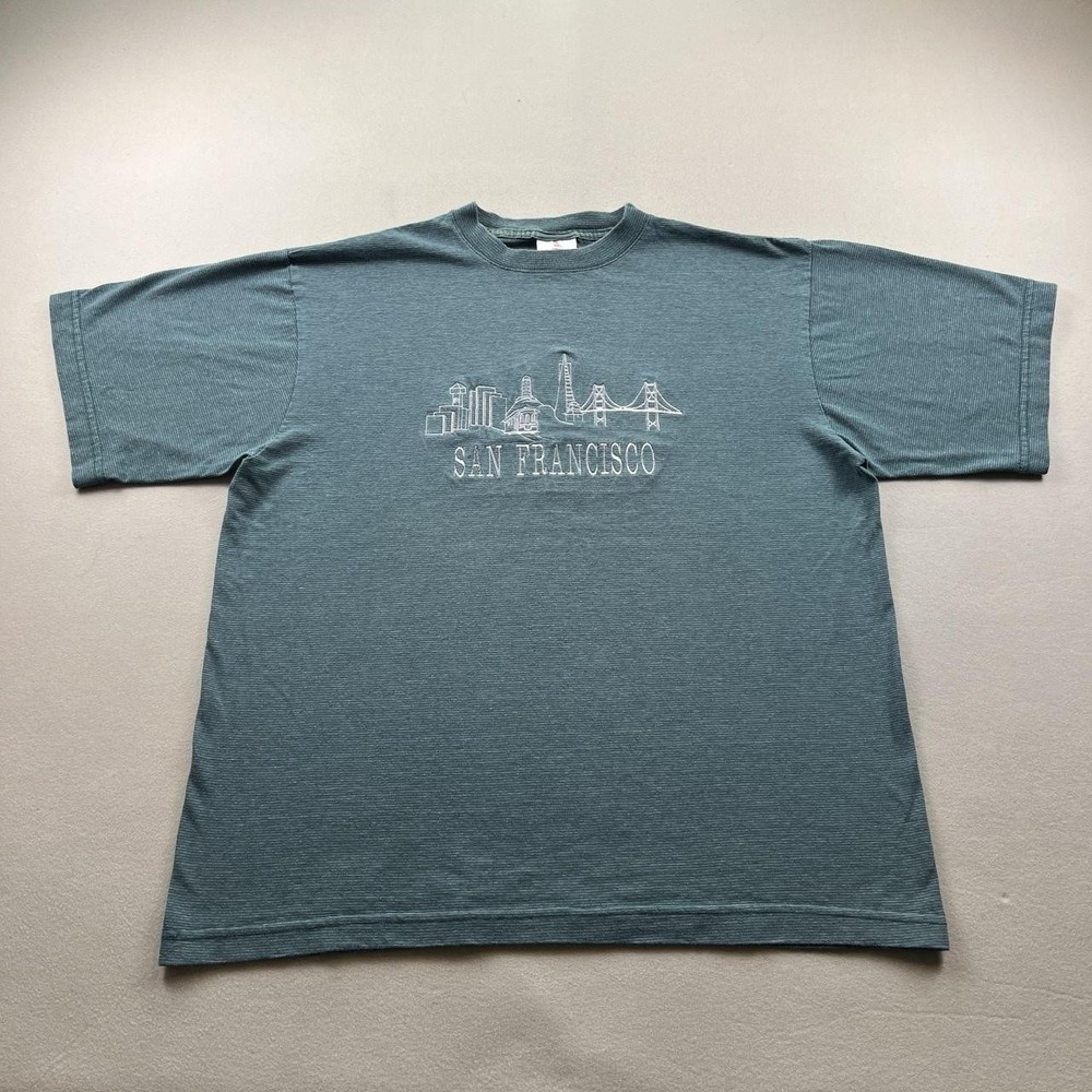 Vintage San Francisco T-Shirt Mens XL Green Striped City Bridge Bay Area 90s