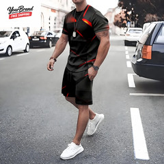 Plus Size Irregular Geometric T-Shirt Shorts 2-Piece Set Quick Drying Loose Men’