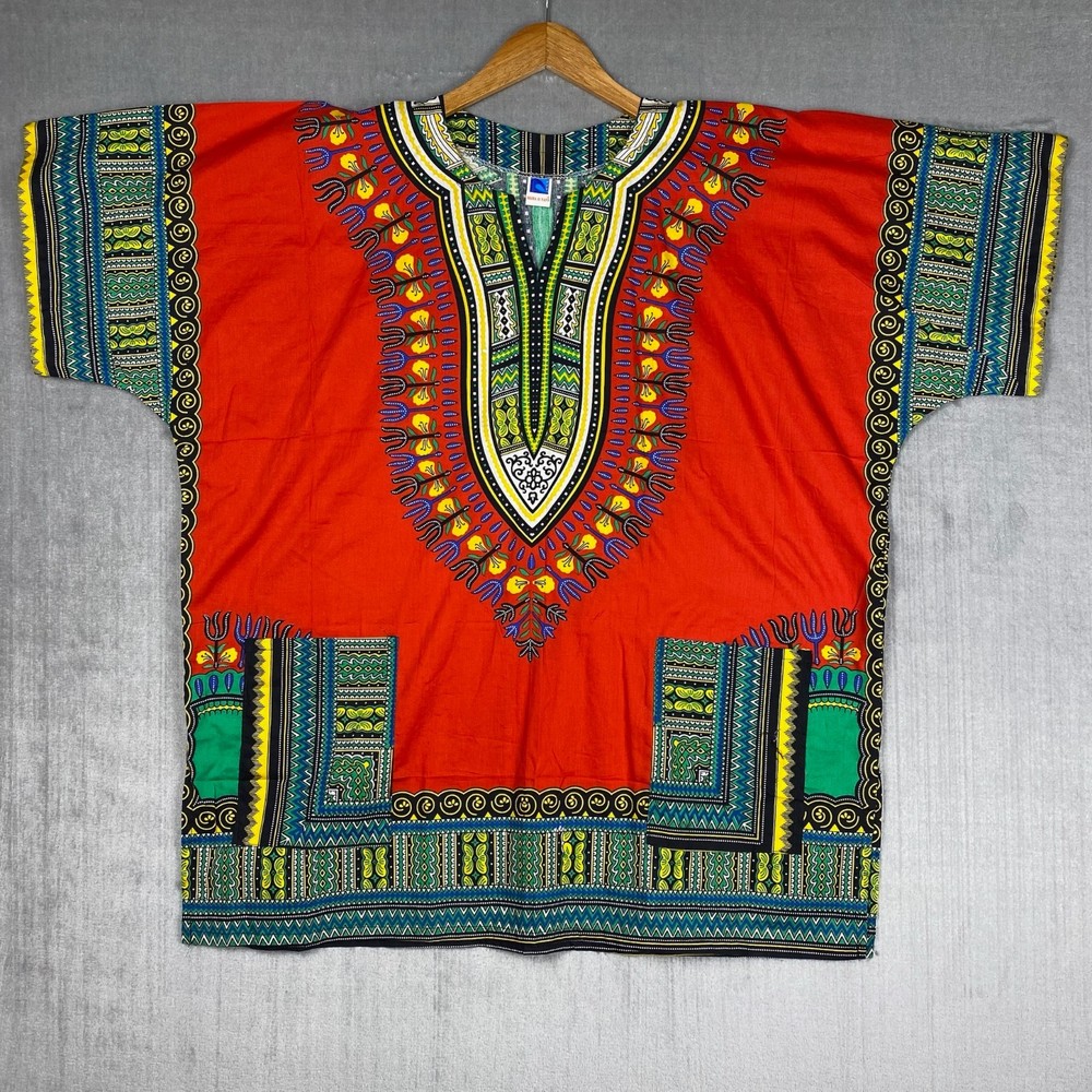 Dashiki Style Tunic Unisex XL Red Multicolor 100% Cotton African Art to Wear