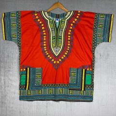 Dashiki Style Tunic Unisex XL Red Multicolor 100% Cotton African Art to Wear