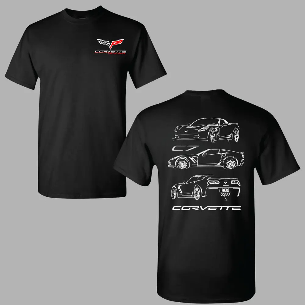 Corvette C7 Line Art T-shirt, 2 Sides Tee Featuring Technical White Outline Sket