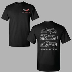 Corvette C7 Line Art T-shirt, 2 Sides Tee Featuring Technical White Outline Sket