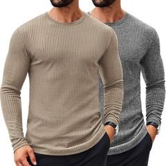 Men’s 2 Pack T-Shirt Long Sleeve Ribbed Slim Fitted Tee Shirts Casual Crewnec…