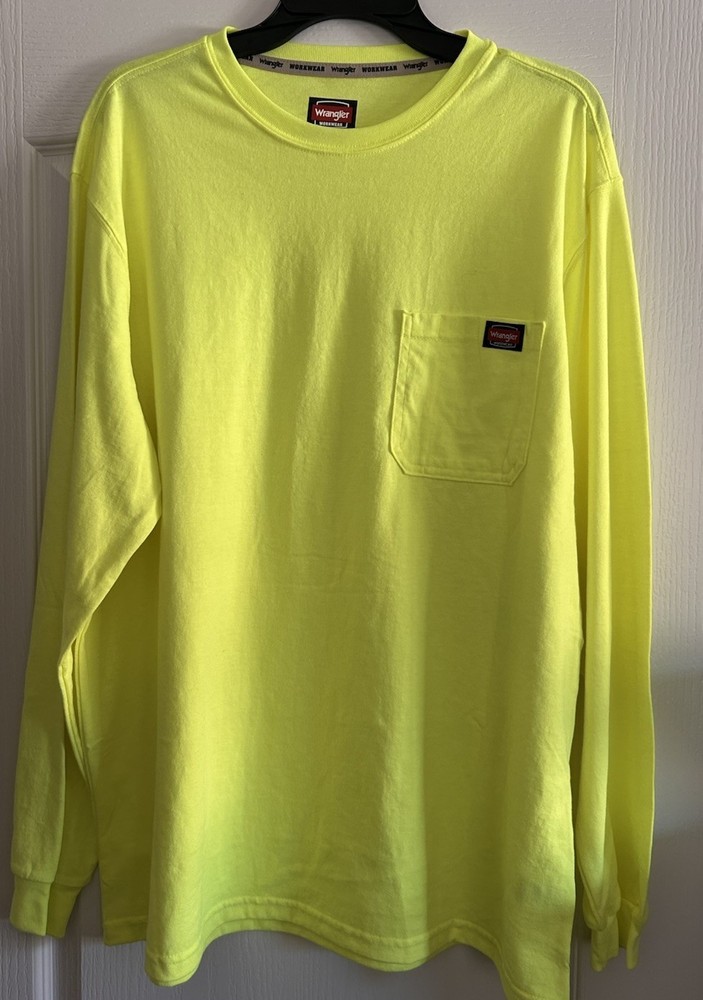 Wrangler Workwear Hi-Vis Neon Yellow Long Sleeve T-Shirt w Pocket Mens XL 46-48