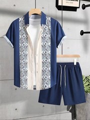 Men Summer Outfit 2-piece Set Short Sleeve T-shirt and Shorts Sweatsuit Set