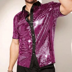 Men’s Silver Metallic Sequins Glitter Shirt Summer Breathable Sparkling Short Sl