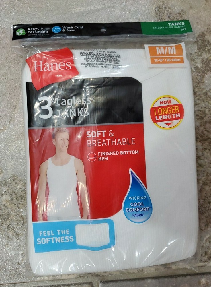 Hanes Men 3 Tagless Tanks White 100% Cotton New Medium 38-40