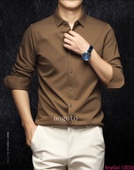 Spring Mens Long Sleeve Shirt Silk Cotton Business Casual Formal Slim Fit Shirts