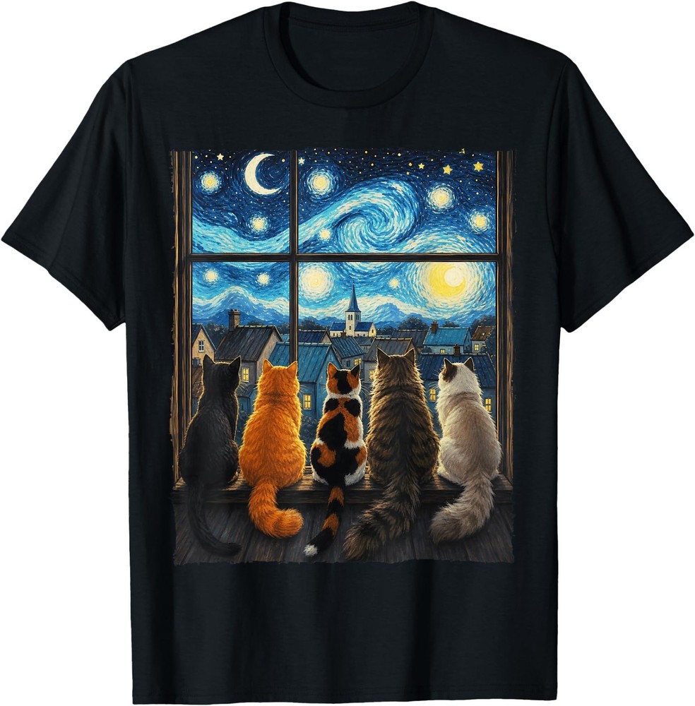 Cat Starry Night Van Gogh Cats Dad Mom Scene Feline T-Shirt