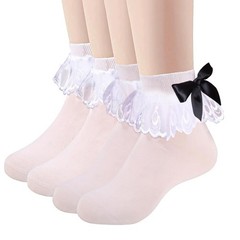 Womens White Ruffle Socks with Bow Ankle Lace Trim Frilly Socks Summer