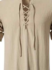Men’s Casual Long Sleeve Henry Shirt Lace-Up Stand-Up Collar Cotton Linen Blouse