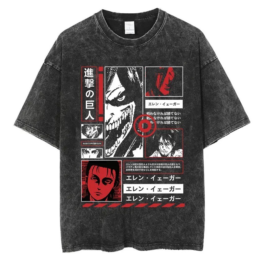 Anime Attack Titan Retro Wash Printed T-shirt Mikasa Ackerman Eren Jaeger Free W