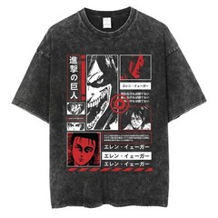 Anime Attack Titan Retro Wash Printed T-shirt Mikasa Ackerman Eren Jaeger Free W