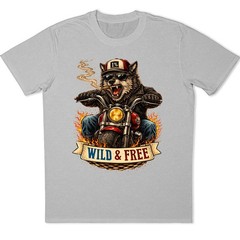 Wild & Free Wolf Biker Motorcycle Chopper Flames Funny Animal Graphic T-Shirt.