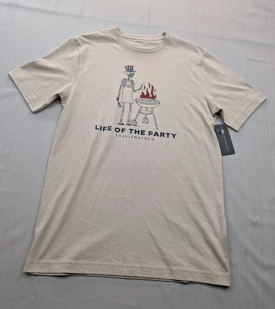 New Travis Mathew Grill Thrill Life of The Party Skeleton TShirt Mens Small Tan