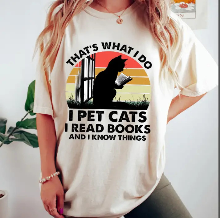 I Pet Cats I Read Books Funny Cat Lover Shirt Bookworm Gift