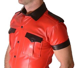 Men’s Lamb Leather Short Sleeves Police Shirt Red & Black Trims Sexy Bluf Shirt