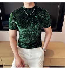 Summer Velvet Pleated Hot Stamping T-shirt for Men’s Fashion Versatile Slim Fit
