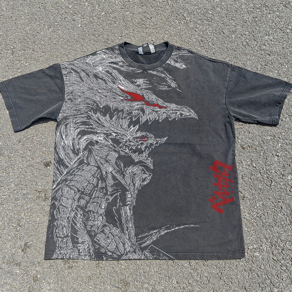 Berserk Anime Guts & Beast of Darkness Vintage Wash Heavyweight Cotton T-Shirt