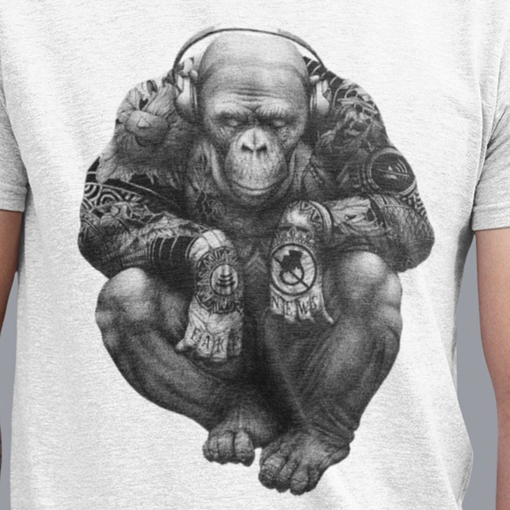 #34 Cool Monkey Tee, Music Gorilla Men’s Graphic TShirt, Army Animal Print, Funn