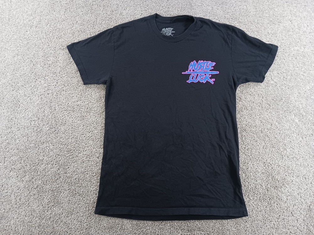 Hustle Luck Small Mens Short Sleeve T-Shirt Black Graphic Print Purple Pink