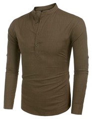 Men’s Cotton Hemp Long Sleeve Casual Beach Henley Shirt(BROWN,XL)