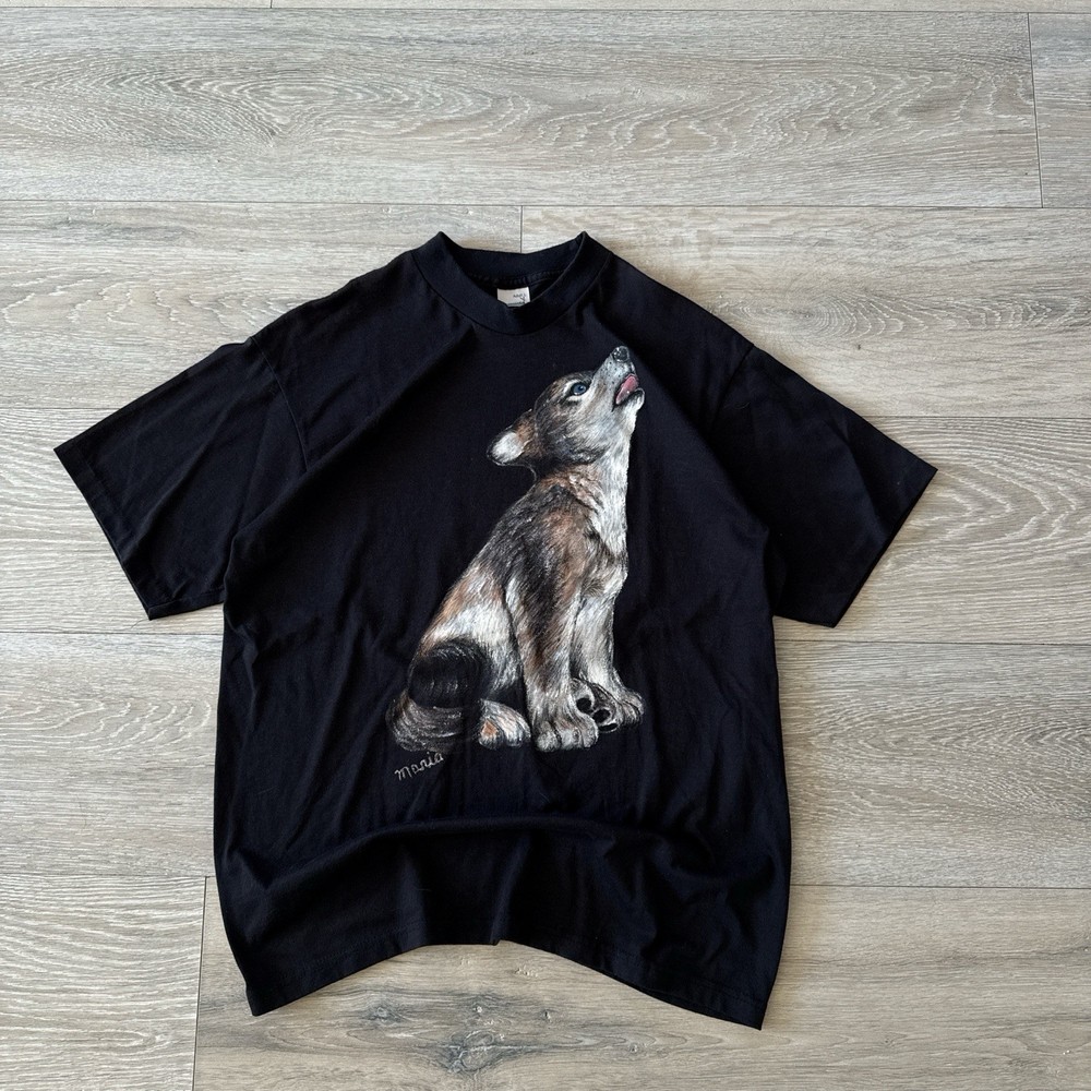 Augusta Sportswear VTG Black T-Shirt Graphic Wolf Print Single Stitch Sz L Adult