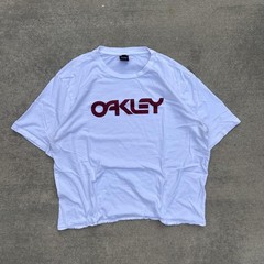 Boxy Oakley white spellout t-shirt with red text logo