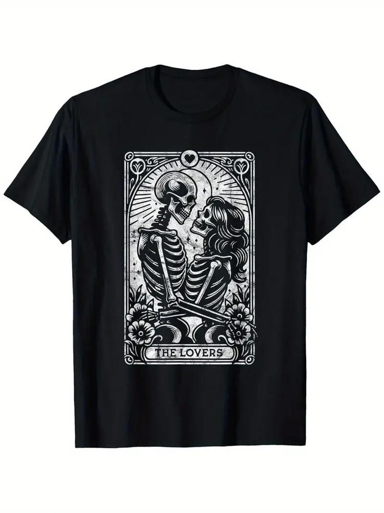 The Lovers Vintage Skeleton Couple Skull Gothic Tarot Card T-Shirt, Men’S and Wo