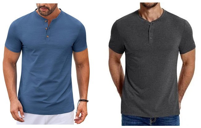 2 Coofandy Men’s Short Sleeve Henley T-Shirts – Blue & Charcoal – Size Large