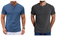 2 Coofandy Men’s Short Sleeve Henley T-Shirts – Blue & Charcoal – Size Large