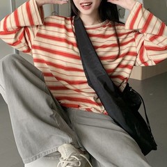Korean Fashion Women’s Loose Striped Blouse Long Sleeve Crew Neck Streetwear