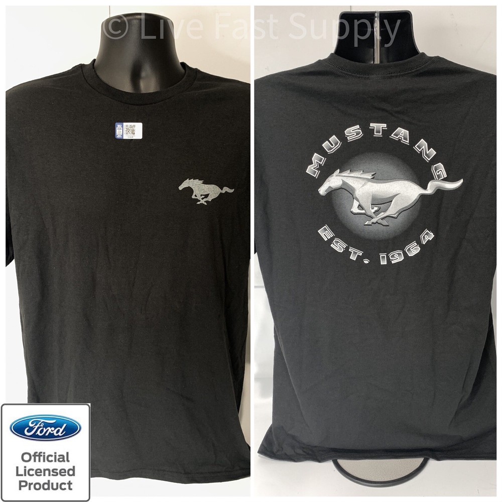 Ford Mustang T-Shirt – Black w/ Running Horse Logo & “Mustang Est 1964” Script