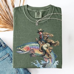 Cowboy Riding Rainbow Trout T-Shirt Size S
