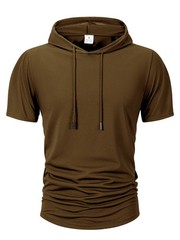 Men Summer Hoodie Short Sleeve Solid Color Loose Drawstring Pullover Top Casual