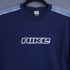 Vintage Nike Center Spell Out Long Sleeve Shirt Mens XL Blue Cut Sew Piping Y2K