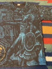 Vintage Aztec Warrior DOUBLE SIDED All Over T Shirt Mexican LATINO Medium