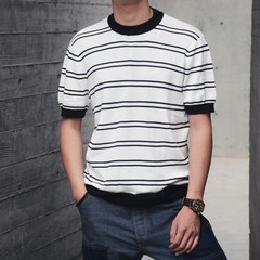 Men’s Retro Knitted Tencel Contrasting Horizontal Stripe Short Sleeved T-Shirt
