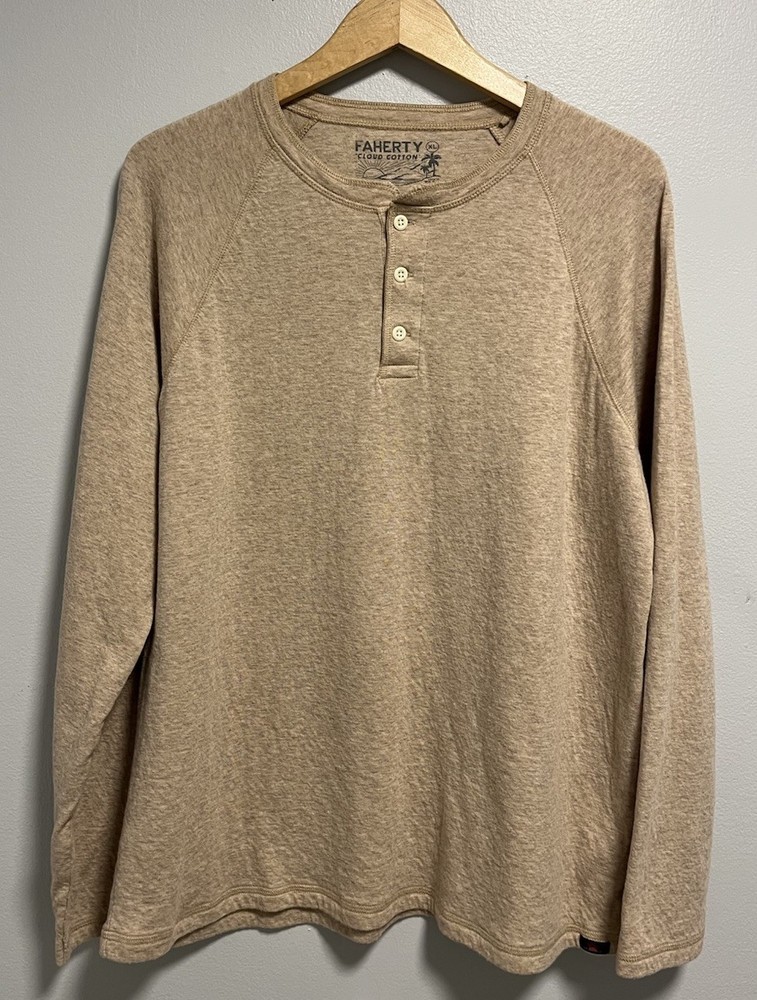 Faherty Mens Cloud Cotton Long Sleeve Henley Shirt Pima Cotton Beige Tan Size XL