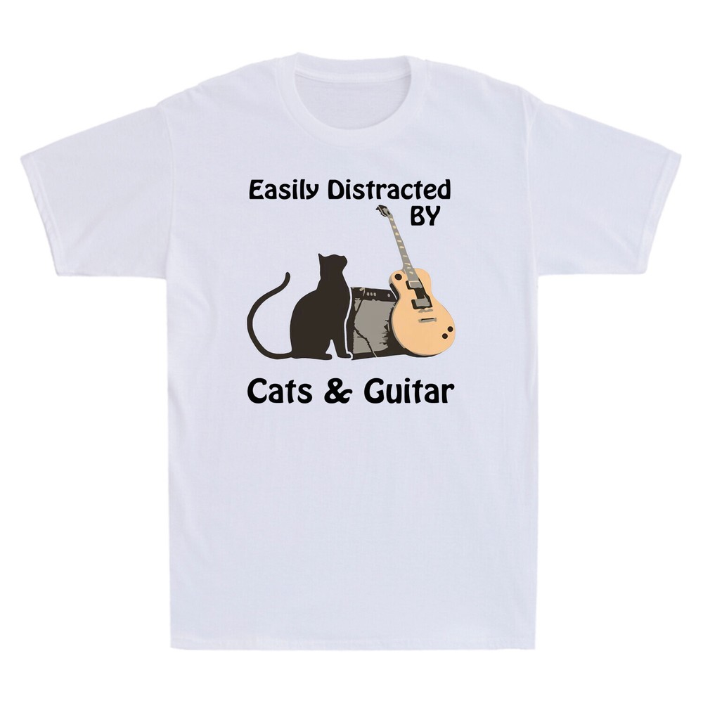 Easily Distracted By Cats and Guitar Cats Pet Lovers Funny Novelty Men’s T Shirt