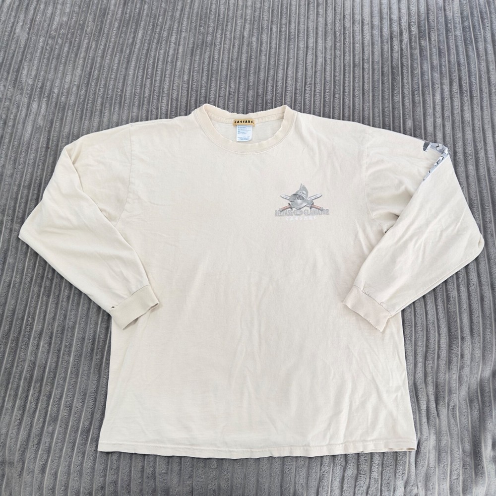 VTG Caesars Palace T-Shirt Mens L Cream Gladiator Las Vegas Long Sleeve Distress