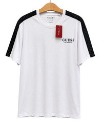 GUESS Los Angeles Mens Size L White Logo Tape T Shirt Black Shoulder Tee NWT