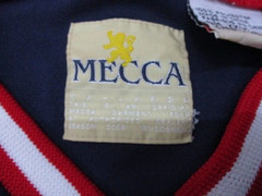 Vtg Mecca Mens T-Shirt Sz 2XL Y2K Blue Red V Neck Short Sleeve Jersey Spell Out