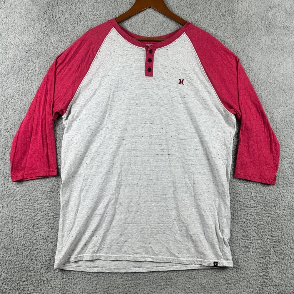Hurley Buckle Henley Mens XXL 3/4 Sleeve Shirt Grey Red Raglan Premium Fit